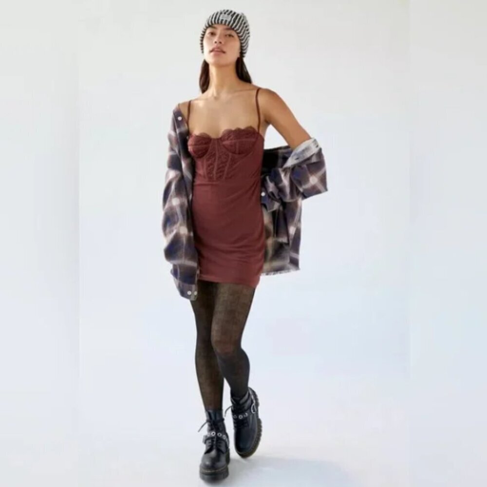 Urban Outfitters Chocolate Brown Lace Bustier Sleeveless Mini Dress Sz L NWT - Picture 2 of 16